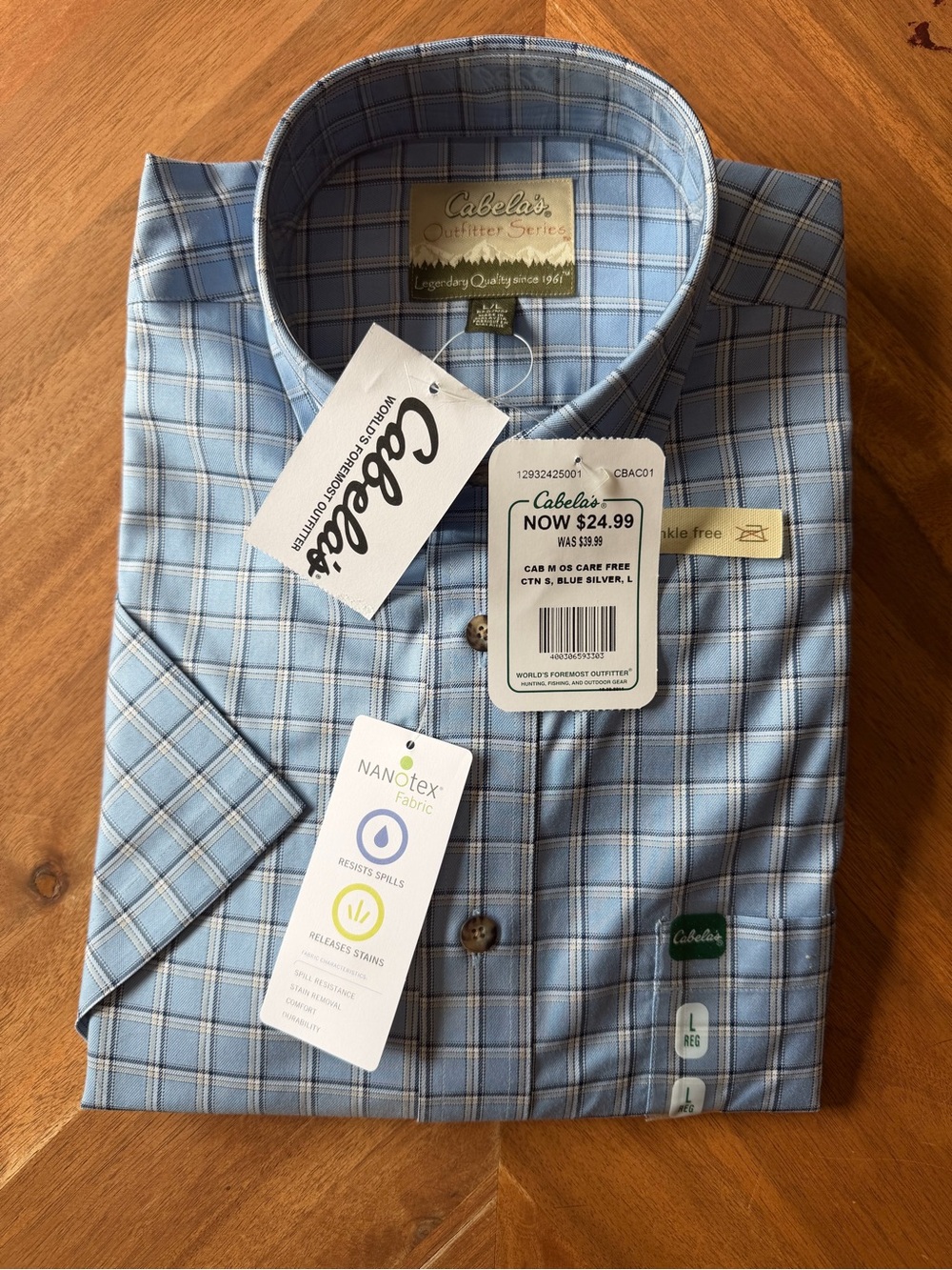 NWT Men’s Button Up Shirt Cabela’s Outfitter Series L Blue Plaid Nano-Tex Shirt